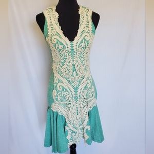 XS Teal Midi Mermaid Dress with Cream Lace